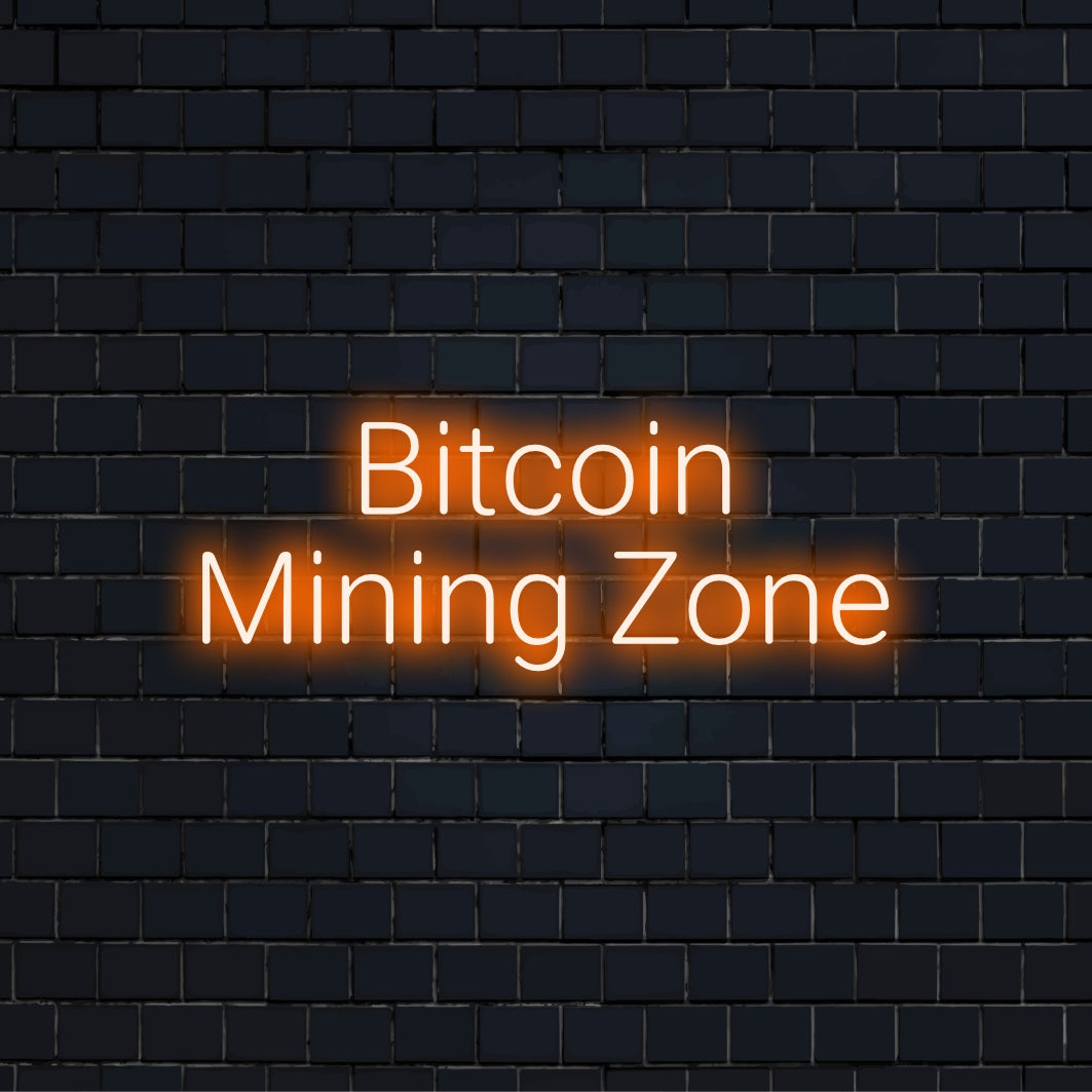 Bitcoin Mining Zone Neon Sign, bright LED glow on dark brick background