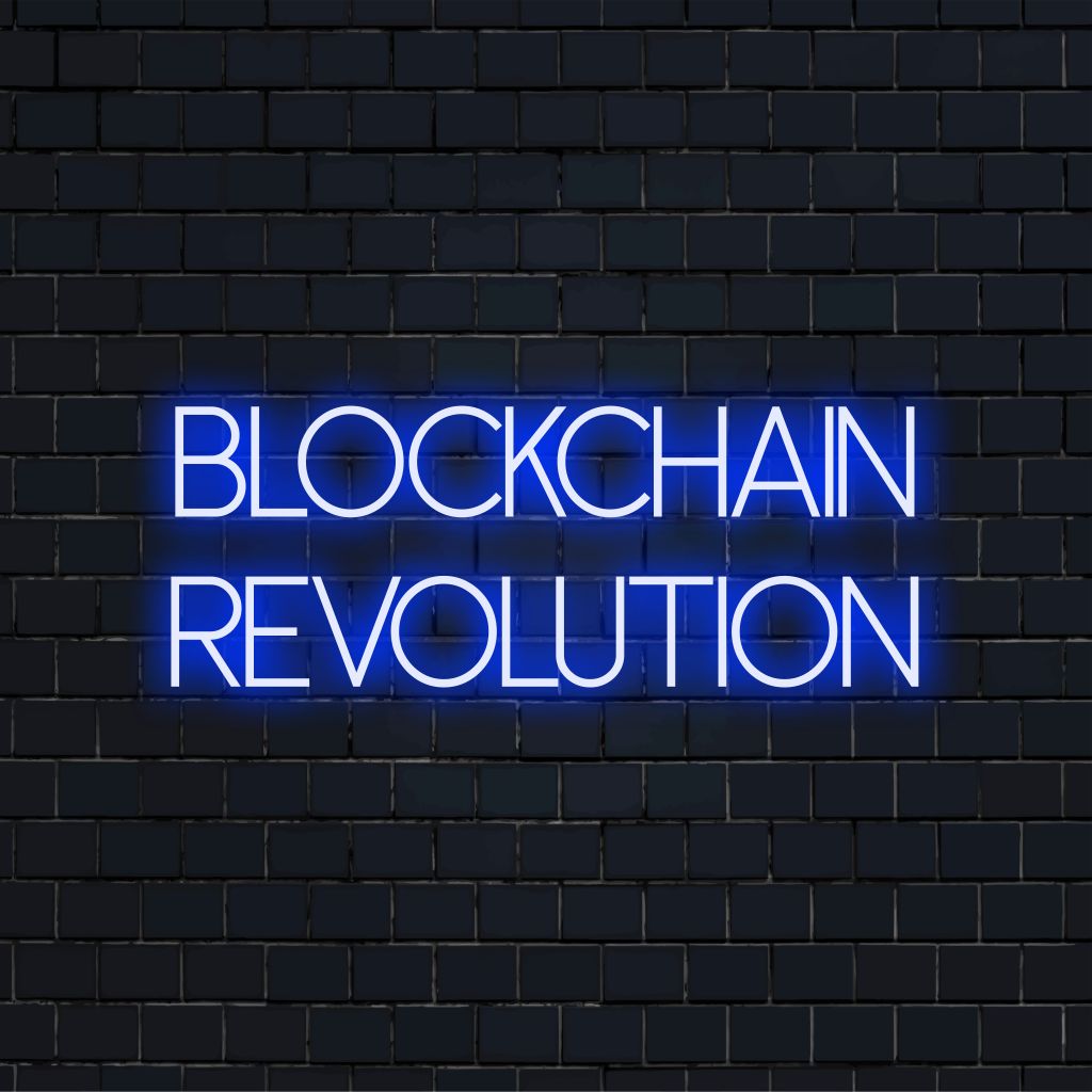 Blockchain Revolution Neon Sign, bright neon glow against brick backdrop