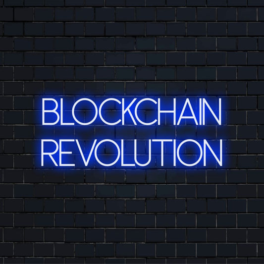 Blockchain Revolution Neon Sign, bright neon glow against brick backdrop