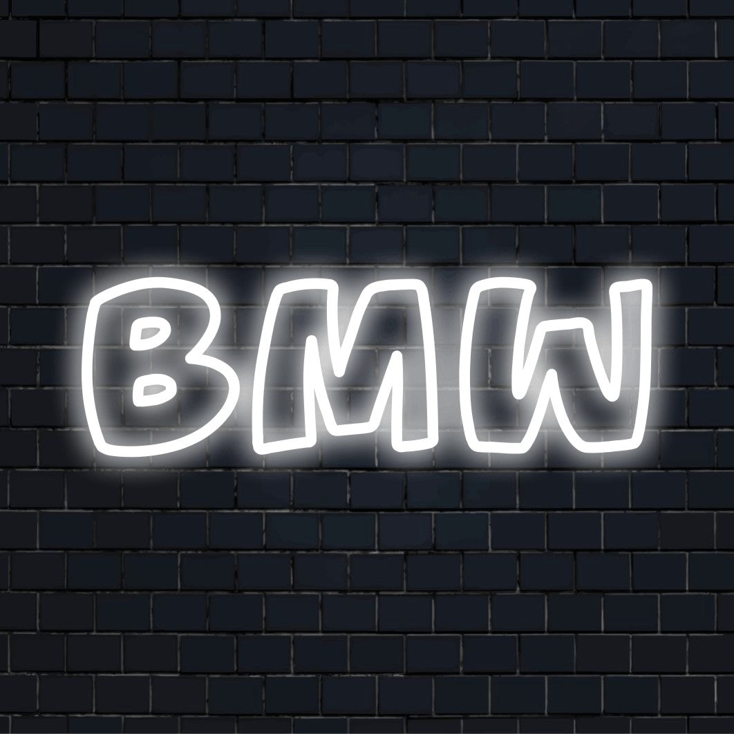 Bmw Neon Light with bright LED glow on dark brick wall