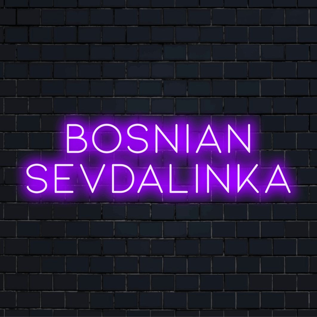 Bosnian Sevdalinka Neon Sign, glowing neon text against brick backdrop