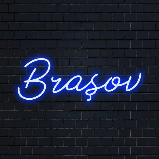 Brasov Neon Sign, bright neon lettering against black brick wall