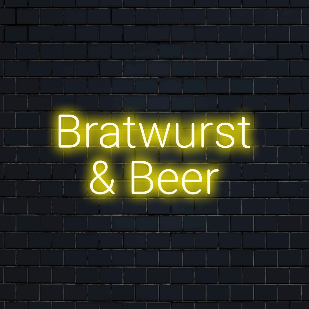 Bratwurst Beer Neon Sign, glowing wall decor on dark brick wall