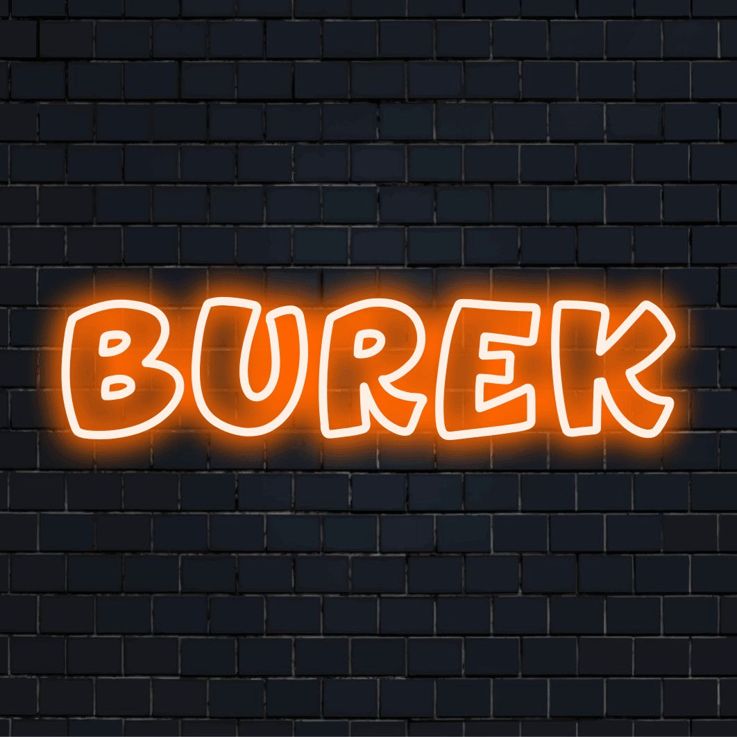 Burek LED Neon Sign, soft neon glow on dark brick wall