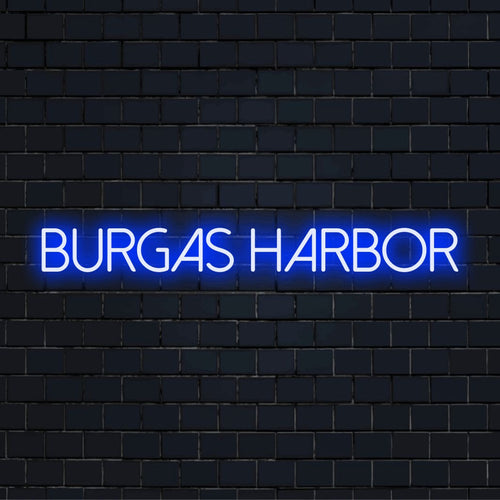 Burgas Harbor Neon Sign, glowing lettering on black brick background