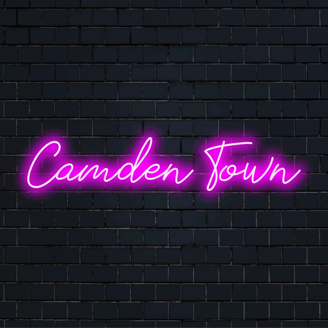 Camden Town LED Neon Sign, bright LED glow on black brick background