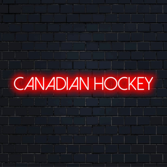Canadian Hockey Neon Sign, glowing neon text against black brick wall