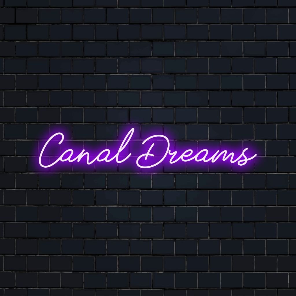 Canal Dreams LED Neon Sign, bright neon lettering on dark brick background