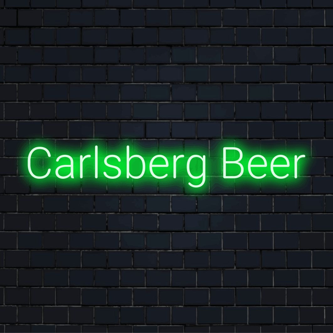 Carlsberg Beer Neon Light with glowing lettering against brick backdrop