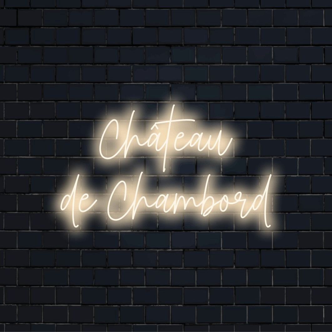 Ch Teau De Chambord Neon Sign, soft neon glow on dark brick wall