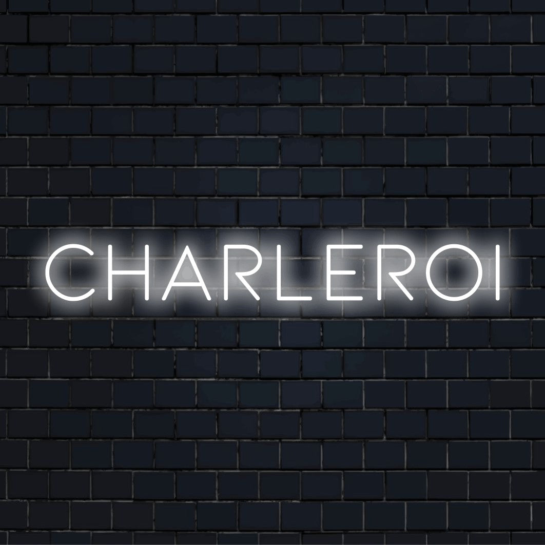 Charleroi Neon Sign, bright LED glow on black brick background
