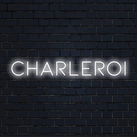 Charleroi Neon Sign, bright LED glow on black brick background