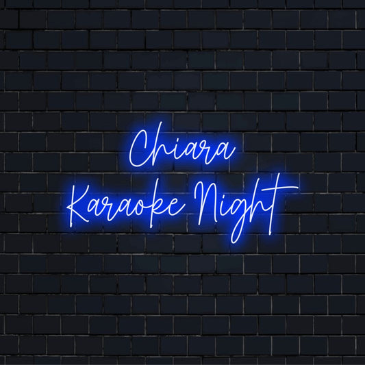 Chiara Karaoke Night Personalized LED Neon Sign, glowing lettering on dark brick background