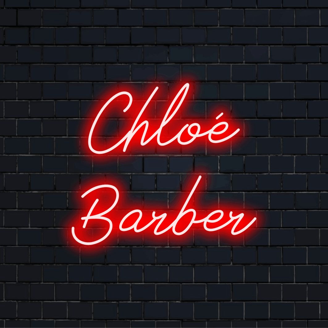 Chloe Barber Custom Name Neon Sign, neon text light on black brick background