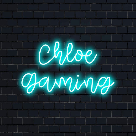 Chloe Gaming Custom Name Neon Sign, soft neon glow against brick backdrop
