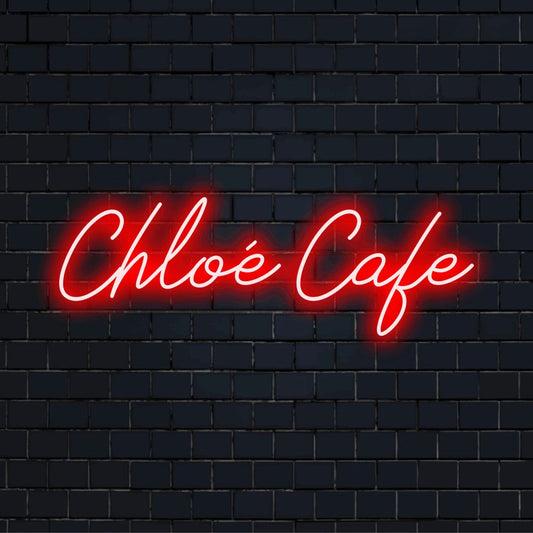 Chloe Cafe Custom Name Neon Sign, glowing wall decor against black brick wall