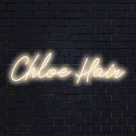 Chloe Hair Personalized LED Neon Sign, neon text light against brick backdrop
