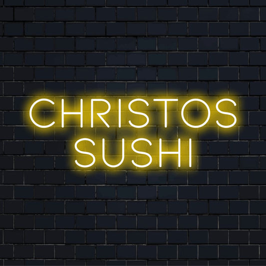 Christos Sushi Custom Name Neon Sign, glowing wall decor on black brick background