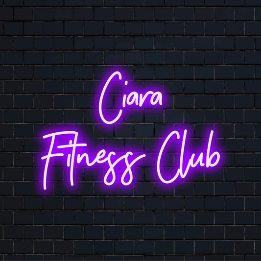 Ciara Fitness Club Personalized LED Neon Sign, soft neon glow on dark brick wall