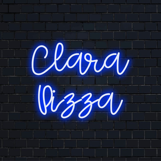 Clara Pizza Personalized LED Neon Sign, glowing wall decor on dark brick wall