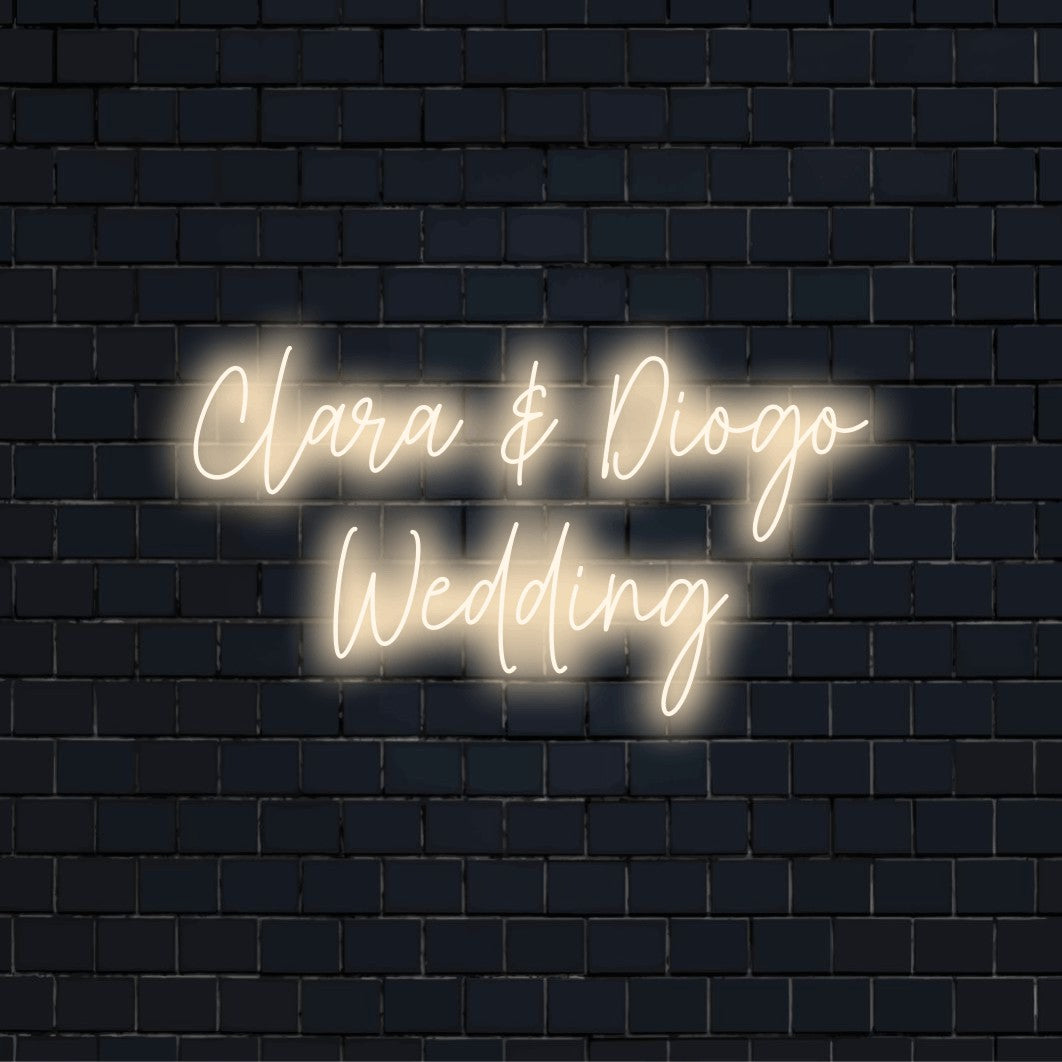 Clara _ Diogo Wedding Personalized LED Neon Sign, neon text light on dark brick wall