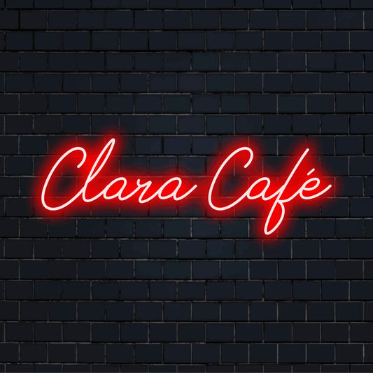 Clara Cafe Custom Name Neon Sign, bright LED glow against black brick wall