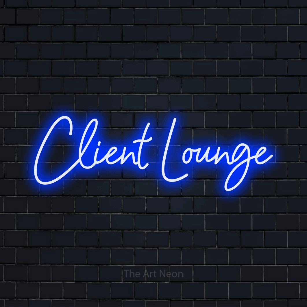 "Client Lounge" text design with neon effect on a black brick wall