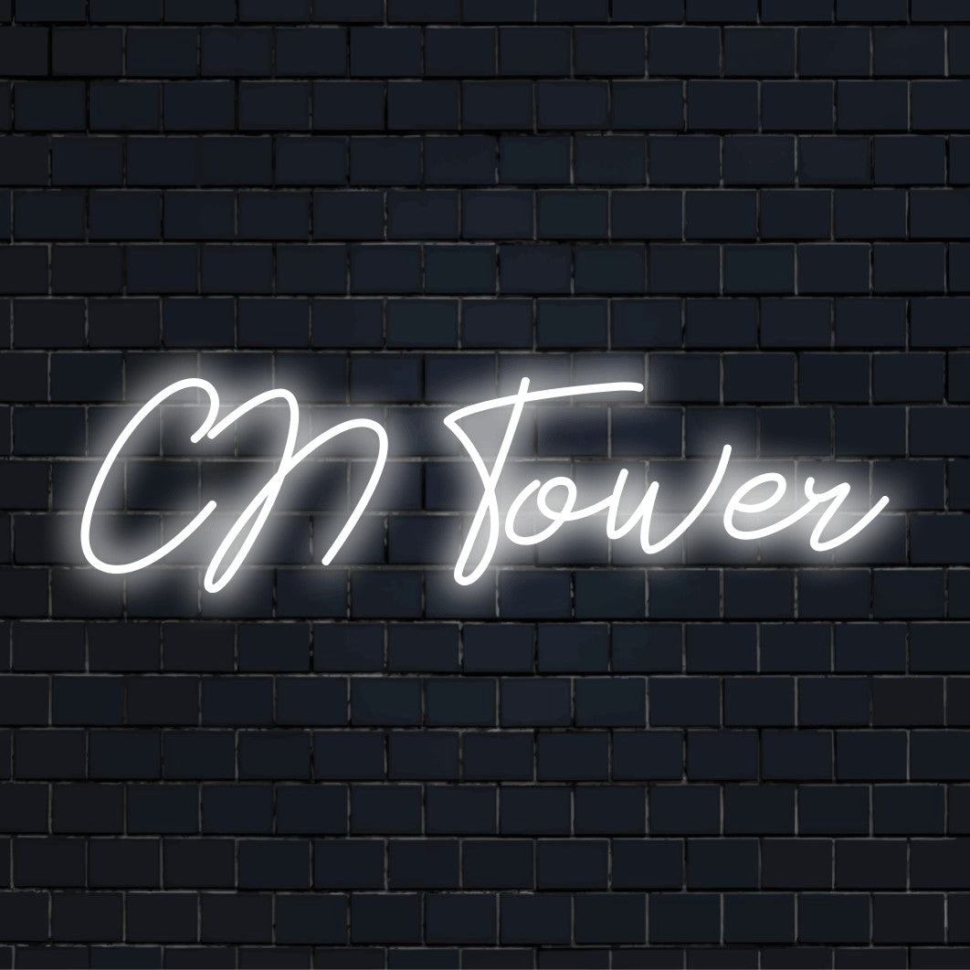 Cn Tower LED Neon Sign, bright neon lettering on dark brick background