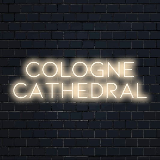 Cologne Cathedral Neon Sign, bright LED glow against brick backdrop