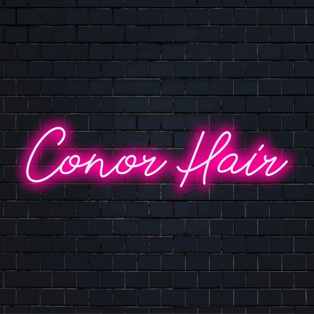 Conor Hair Custom Name Neon Sign, neon text light on dark brick background