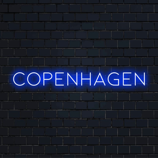 Copenhagen Neon Sign, glowing neon text on black brick background