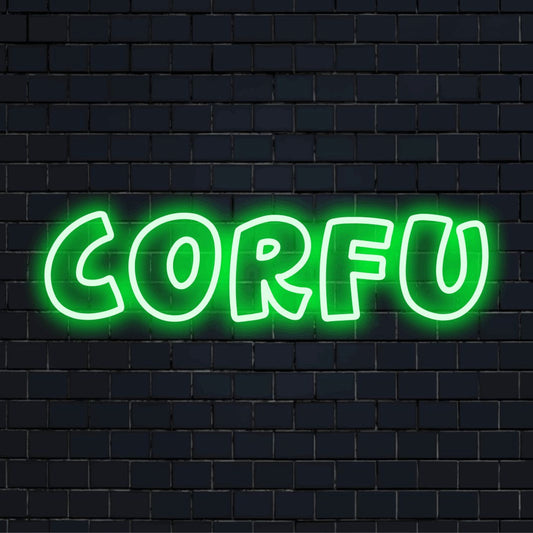 Corfu Neon Light with soft neon glow on dark brick background