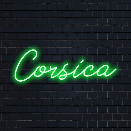Corsica Neon Sign, bright neon glow on black brick background