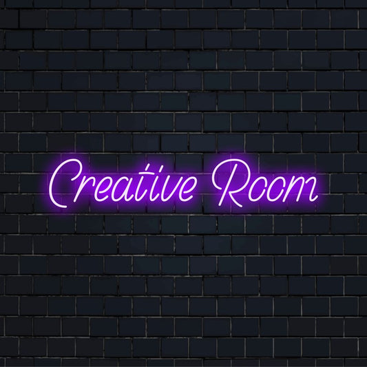 Creative Room Neon Sign, soft neon glow against brick backdrop