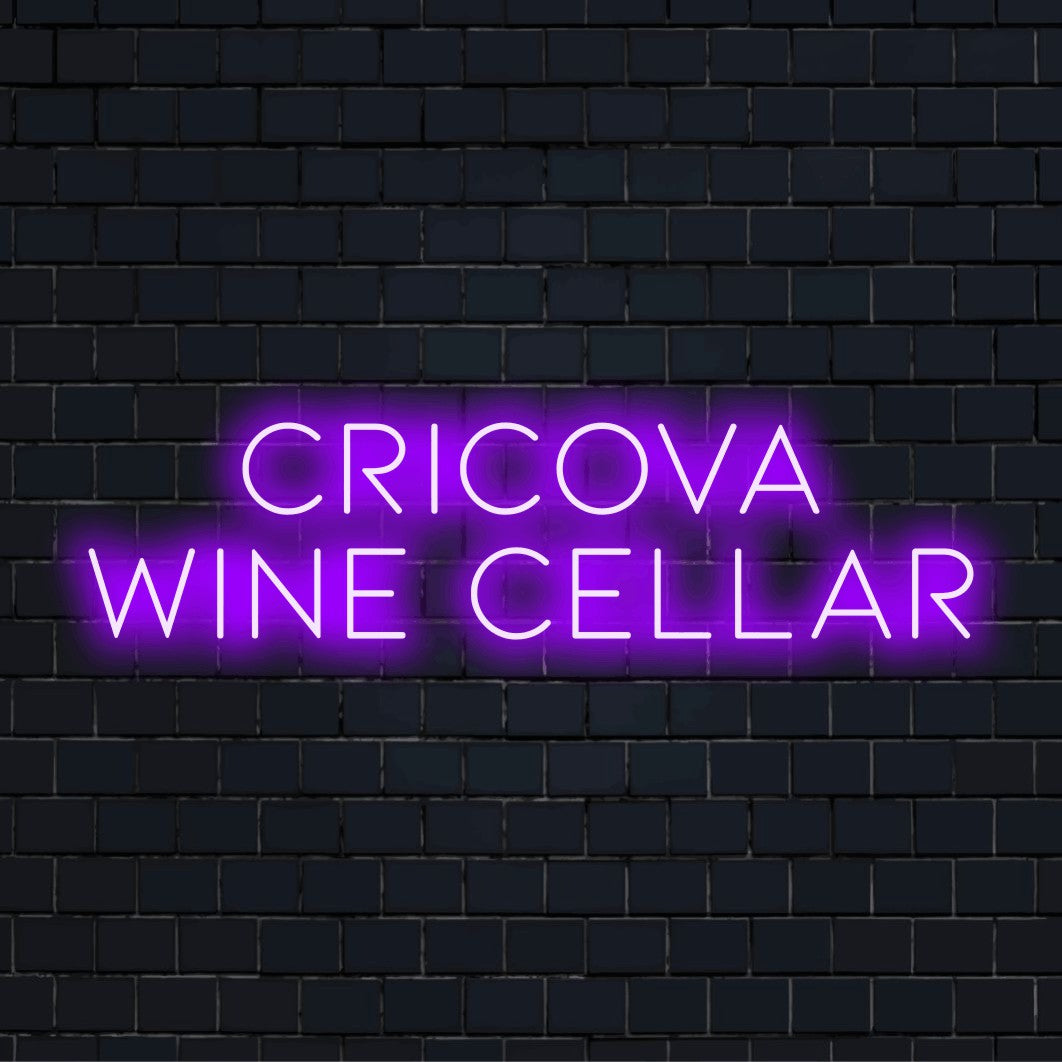 Cricova Wine Cellar Neon Sign, glowing wall decor on dark brick wall