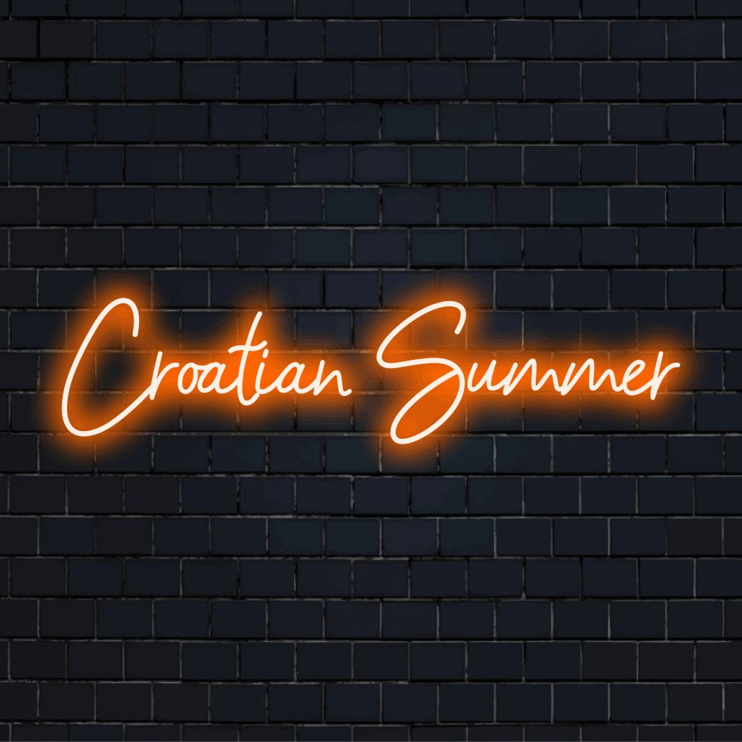 Croatian Summer Neon Light with bright neon glow on dark brick wall