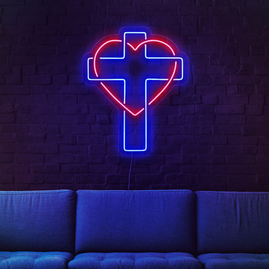 "Cross And Heart Neon Sign" – A spiritual neon light showcasing a symbolic cross and heart, infusing your space with warmth.