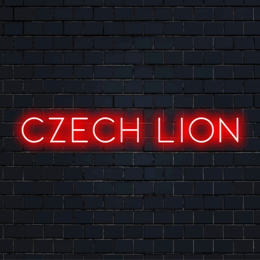 Czech Lion Neon Light with glowing wall decor against black brick wall