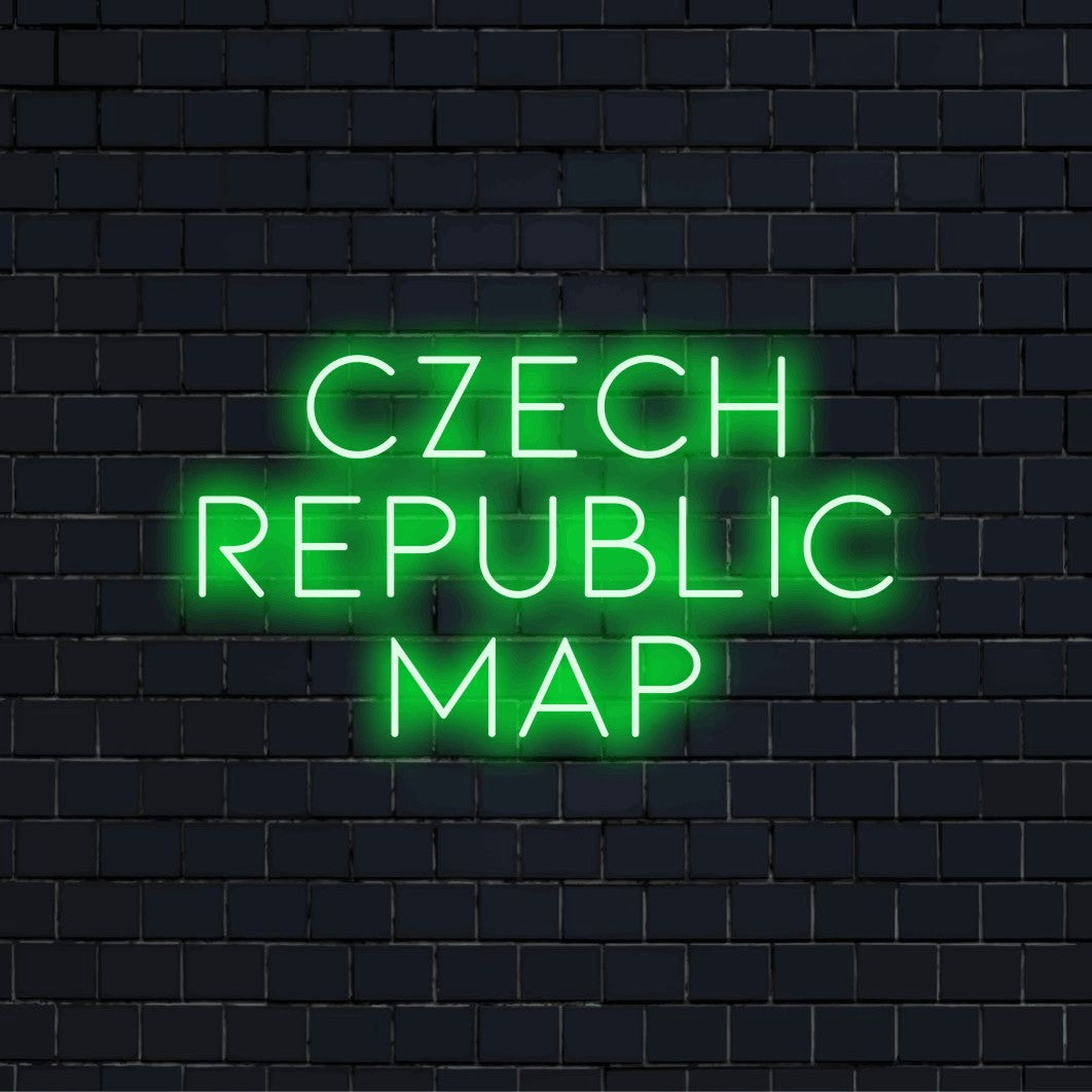 Czech Republic Map Neon Sign, bright neon lettering on dark brick background