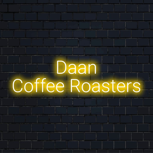 Daan Coffee Roasters Custom Name Neon Sign, glowing wall decor on dark brick background