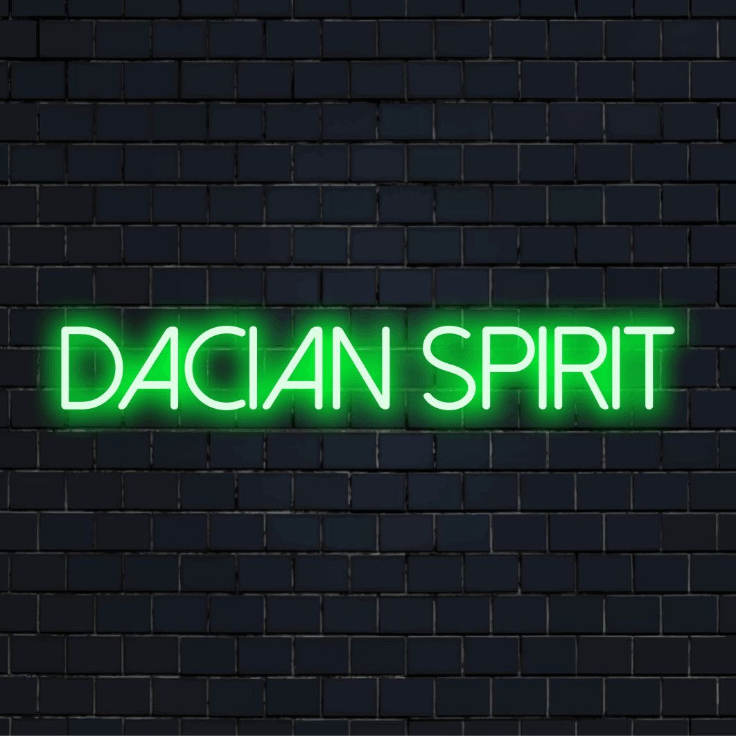 Dacian Spirit Neon Sign, neon text light on black brick background