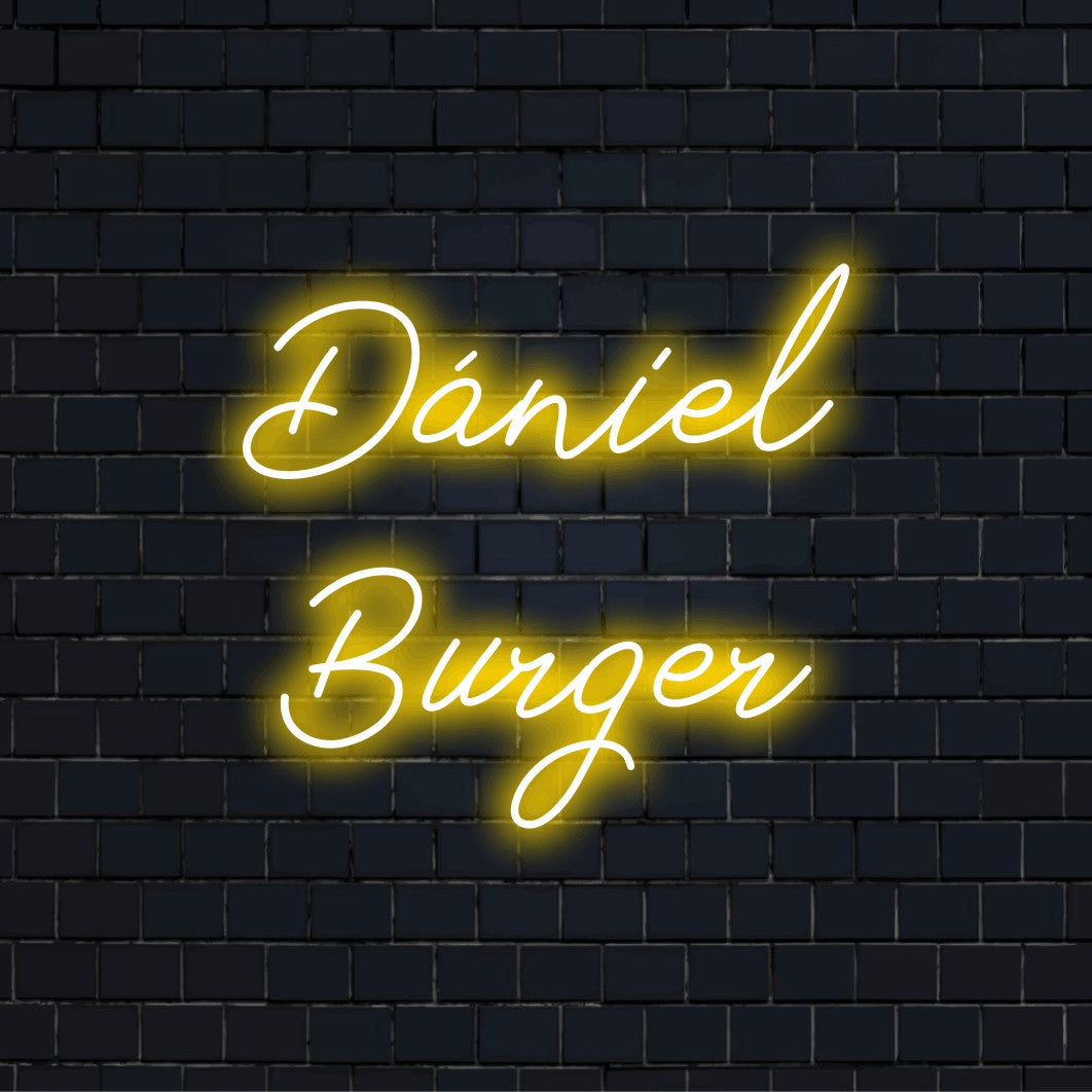 Daniel Burger Custom Name Neon Sign, bright neon glow on dark brick background