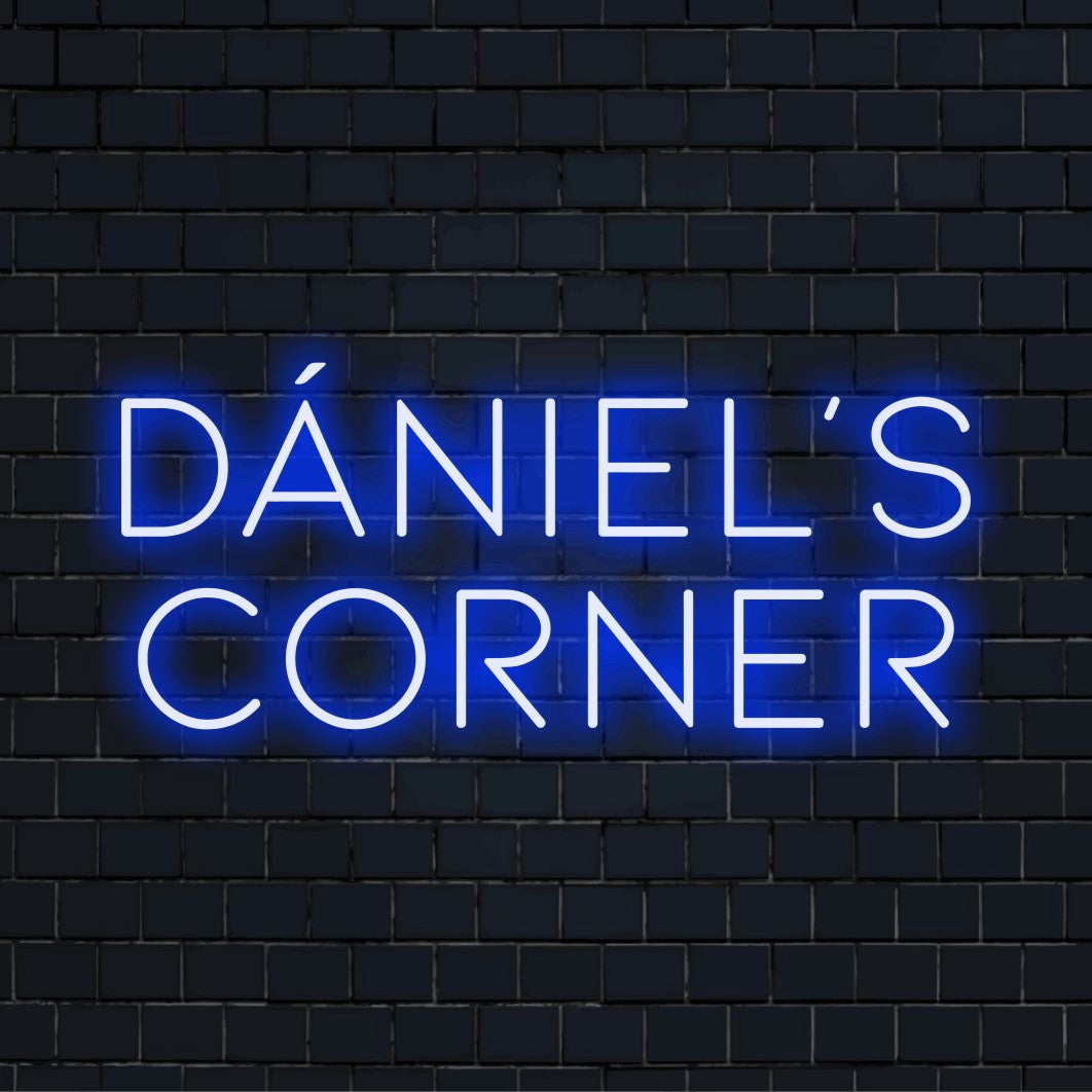 Daniel_s Corner Personalized LED Neon Sign, bright neon lettering on black brick background