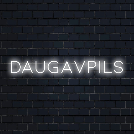 Daugavpils LED Neon Sign, bright LED glow on dark brick background
