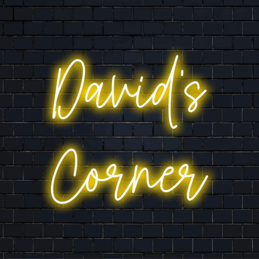 David_s Corner Personalized LED Neon Sign, neon text light on dark brick background