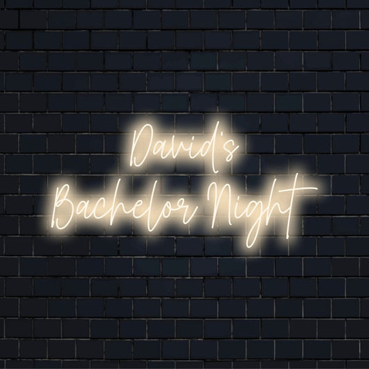 David_s Bachelor Night Custom Name Neon Sign, glowing lettering on dark brick wall