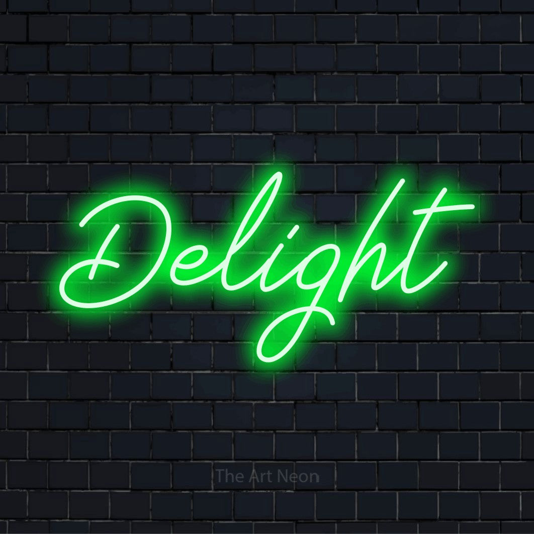 "Delight" LED neon sign on a black brick wall