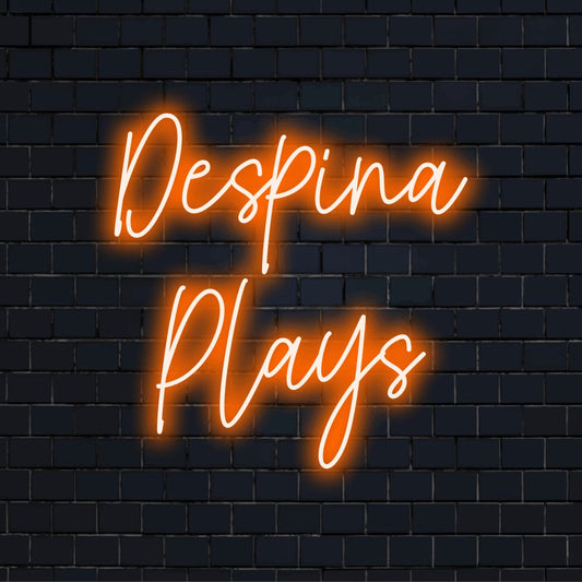 Despina Plays Personalized LED Neon Sign, glowing wall decor on black brick background