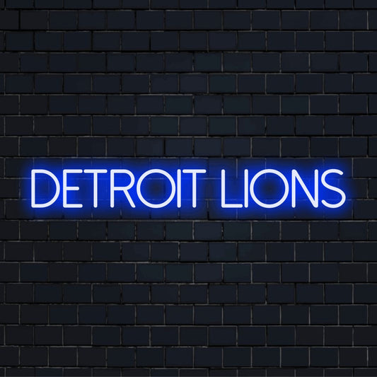 Detroit Lions Neon Light with glowing lettering on dark brick background