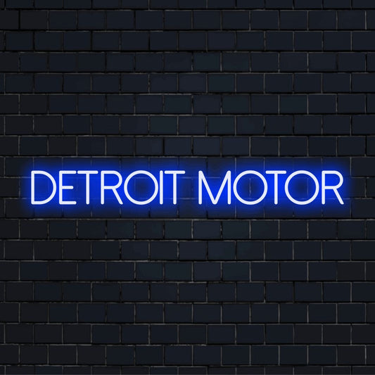 Detroit Motor LED Neon Sign, neon text light on dark brick wall